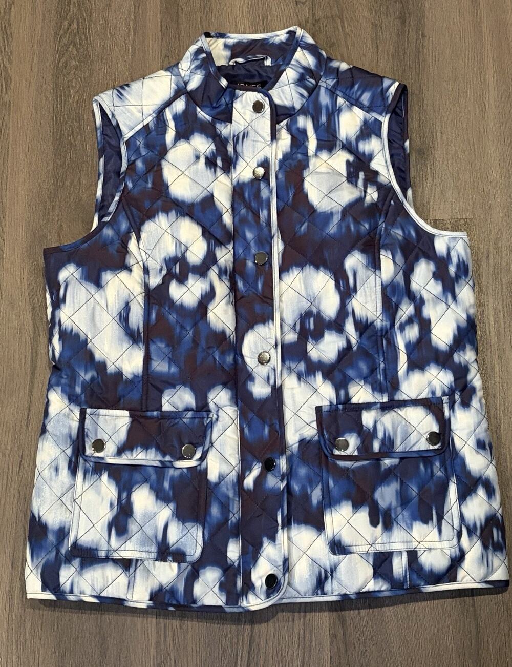 Jones New York Petite Medium PM Blue/White Tie-Dye Quilted Vest Snap Full Zip